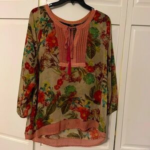Investments size large blouse in reds, pinks, green,yellow and brown